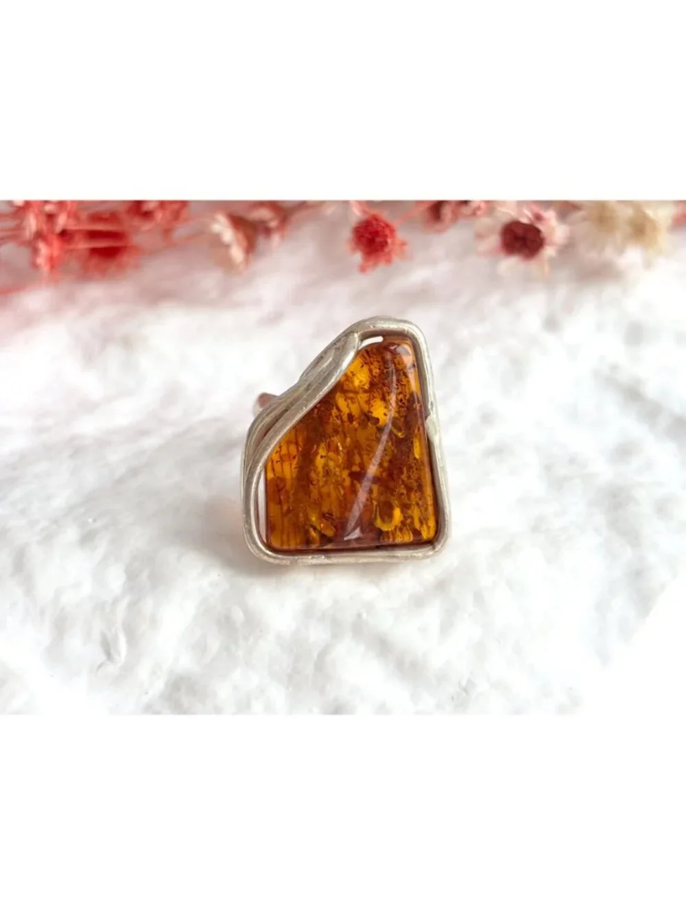 Modernist Genuine Baltic Amber Stone Sterling Silver 925 Vintage Ring - sz 9